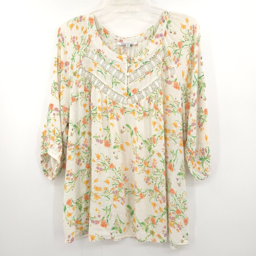 Rose & Olive floral peasant top Plus‎ Size 1X cream crochet trim 3/4 sleeve
